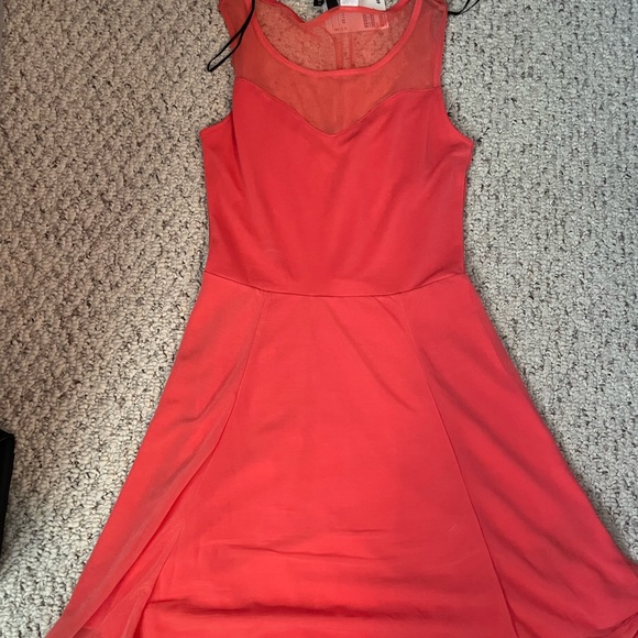 NWT coral colored fit and flare dress with mesh top - Picture 2 of 2